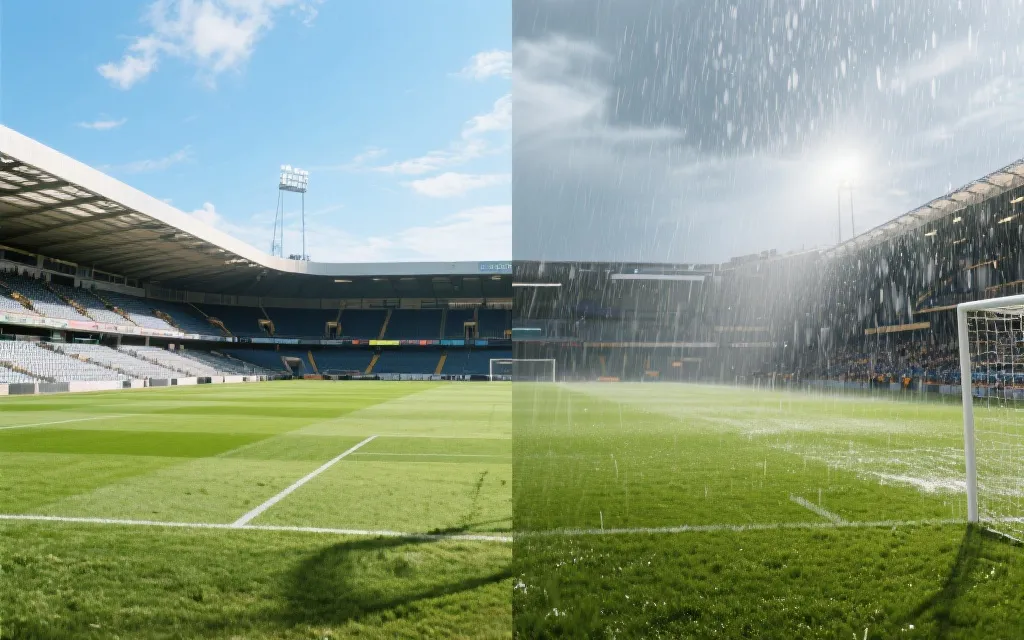 球场在不同天气下的视觉对比，阳光与雨战氛围